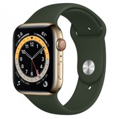 Apple Watch Series 6 GPS + Cellular 44mm Gold Stainless Steel Case w. Cyprus Green Sport B. (M07N3)