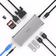 WiWU Alpha 11 in 1 Type C 3*USB HDMI VGA Type C RJ45 3.5mm SD micro SD (Silver)