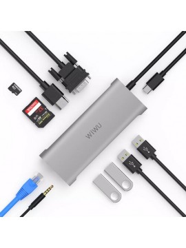 WiWU Alpha 11 in 1 Type C 3*USB HDMI VGA Type C RJ45 3.5mm SD micro SD (Silver)